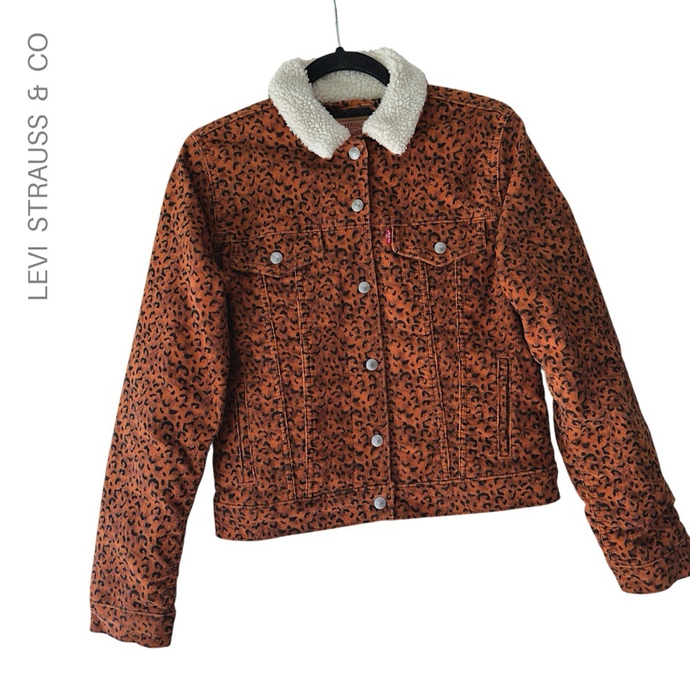 LEVI’S NWOT SHERPA COLLARED CORDUROY TRUCKER JACKET GINGER LEOPARD PRINT | SMALL